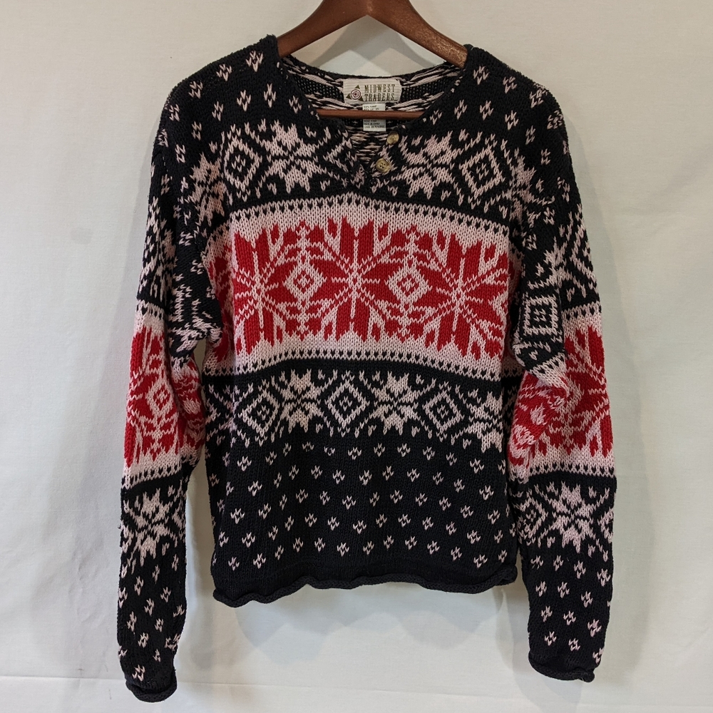 Vintage Midwest Traders Pink and Blue Cotton Blend Patterned Sweater Size Medium